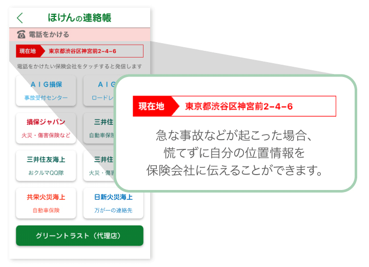 位置情報をオンにしていると現在の大まかな住所が表示されます。
自動車事故などの場合に保険会社へ連絡する際に伝えて下さい。

※位置情報On/Offの設定はお手持ちのスマートフォンの設定からになります。
初回に起動した時にOnにしておくことをおすすめします。